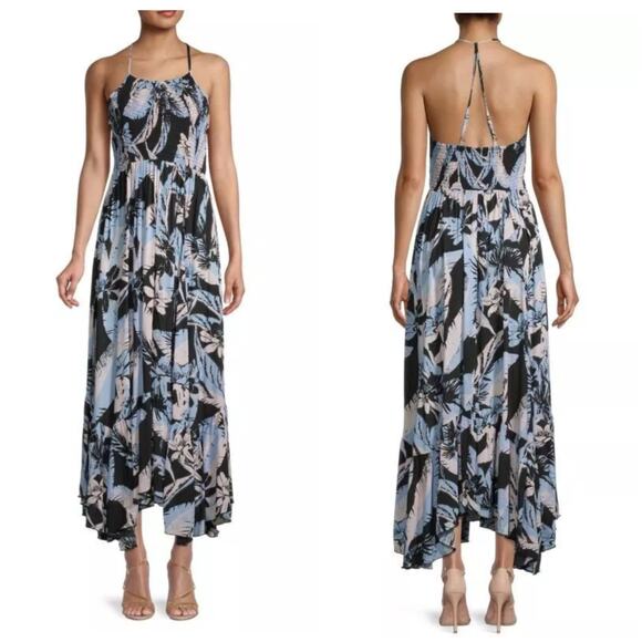 Free People Heat Wave Printed Maxi Slip Dress Large Blue Floral Bohemian - Picture 13 of 13